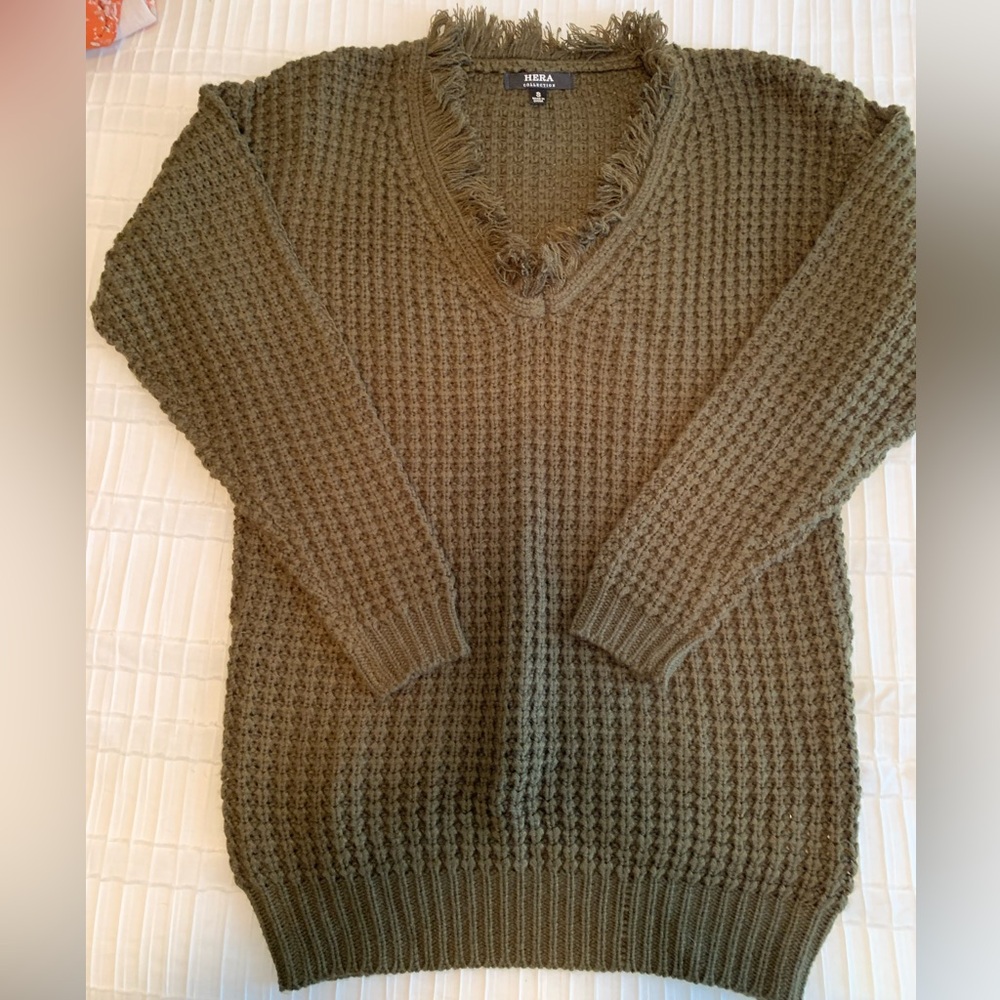 Hera Olive Green Knit Tunic Sweater with Fringe Detail